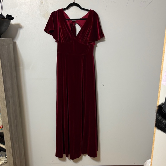 Azazie Burgundy Velvet Maxi Dress Flutter Sleeve Formal Bridesmaid A10 - Picture 3 of 6